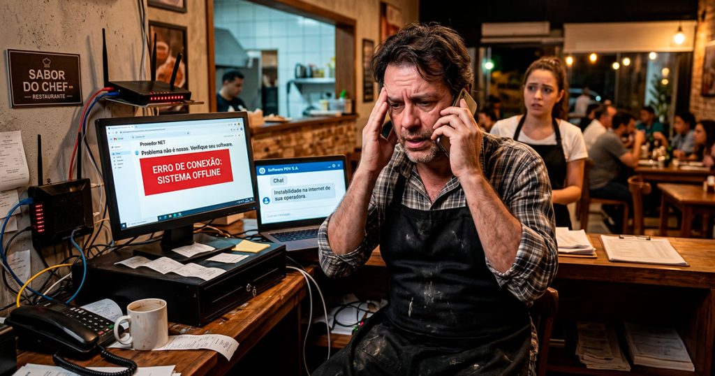 Fragmentação tecnológica em pequena empresa: dono esperando enquanto fornecedor de sistema e operadora de internet trocam responsabilidade