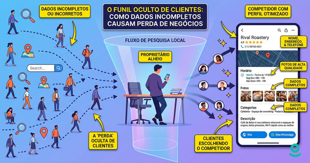 Presença digital de pequeno negócio: clientes buscando no Google vão para o concorrente quando a ficha está incompleta