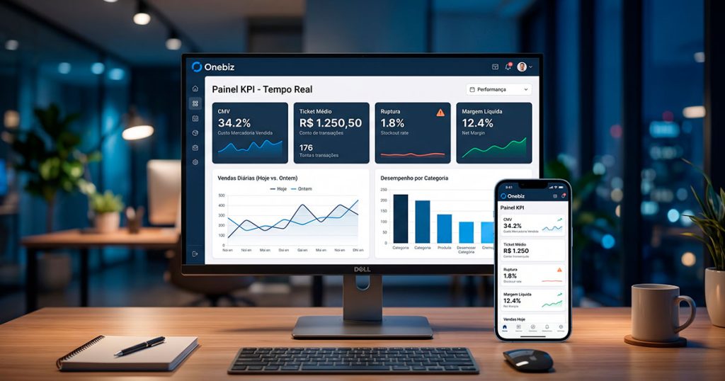Sistema de gestão integrada para pequeno negócio: dashboard Onebiz com CMV, ticket médio, ruptura e margem líquida em tempo real