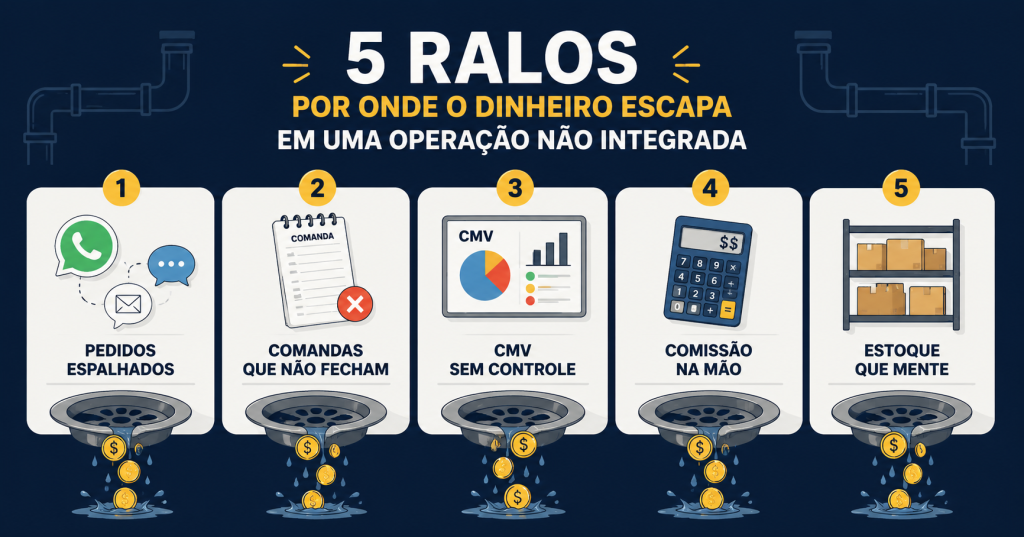 controle de comandas restaurante
Alt text: Controle de comandas no restaurante: os 5 ralos que drenam o lucro no salão + delivery — pedidos espalhados, comandas, CMV, comissão e estoque