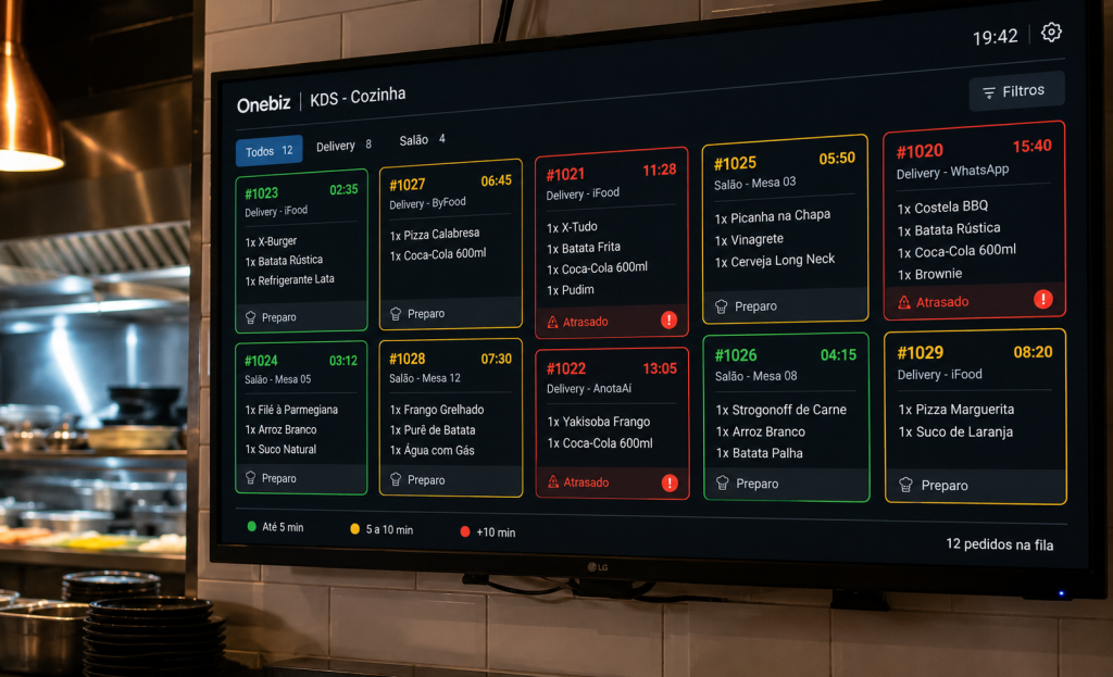 KDS para cozinha de restaurante: painel digital com fila de pedidos em tempo real, status colorido e tempo decorrido em cada produção
