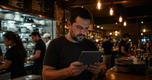 Sistema de gestão para restaurante e delivery: dono atendendo no horário de pico com painel de pedidos integrado em tablet