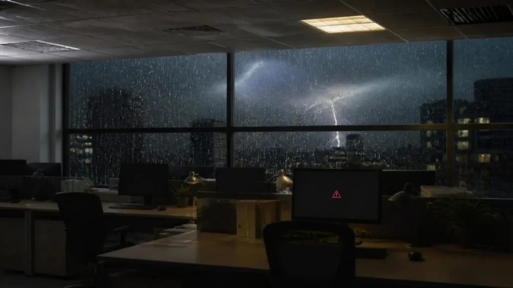 Escritório durante um temporal, com computadores ligados e raios do lado de fora