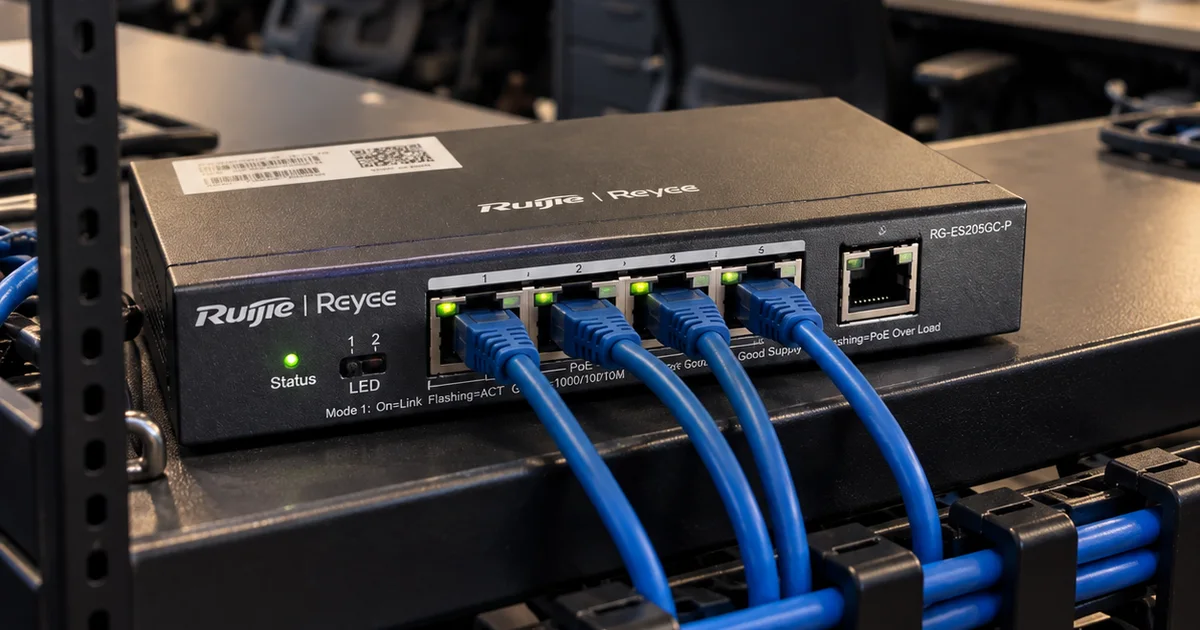 Switch PoE com cabos de rede azuis conectados, instalado no rack de um escritório