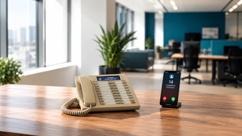 Telefone fixo e celular sobre uma mesa de madeira em um escritório moderno. A tela do celular mostra 14 chamadas perdidas.