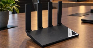 Modem Wi-Fi Mesh da One com quatro antenas sobre a mesa de uma sala de reunião
